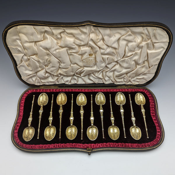 1901 British antique pure silver gold plated anointing spoon set of 12 in a case